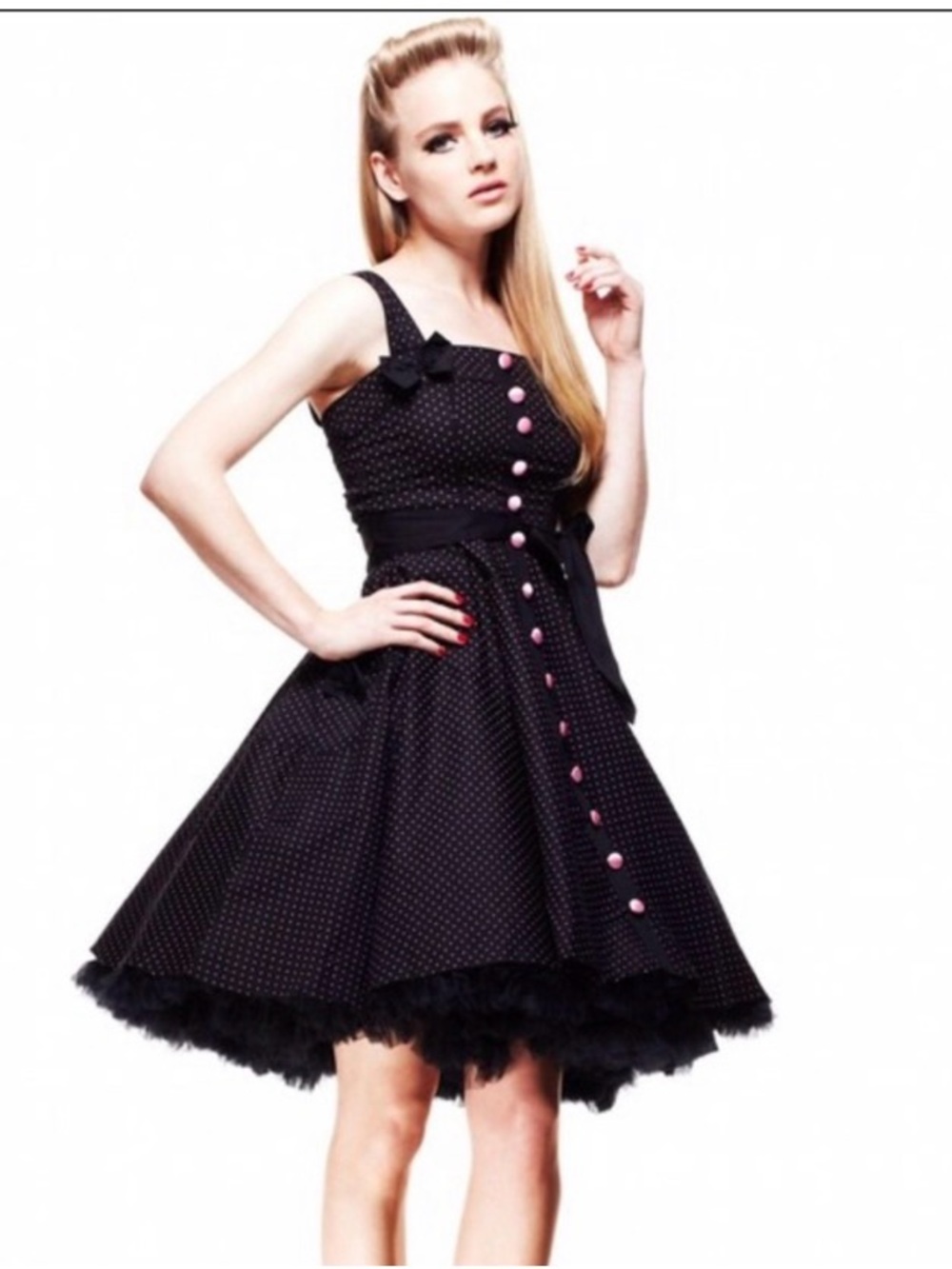 Vintage-Inspired Hell Bunny  black and Pink Polka Dot Fit & Flare Dress with bow